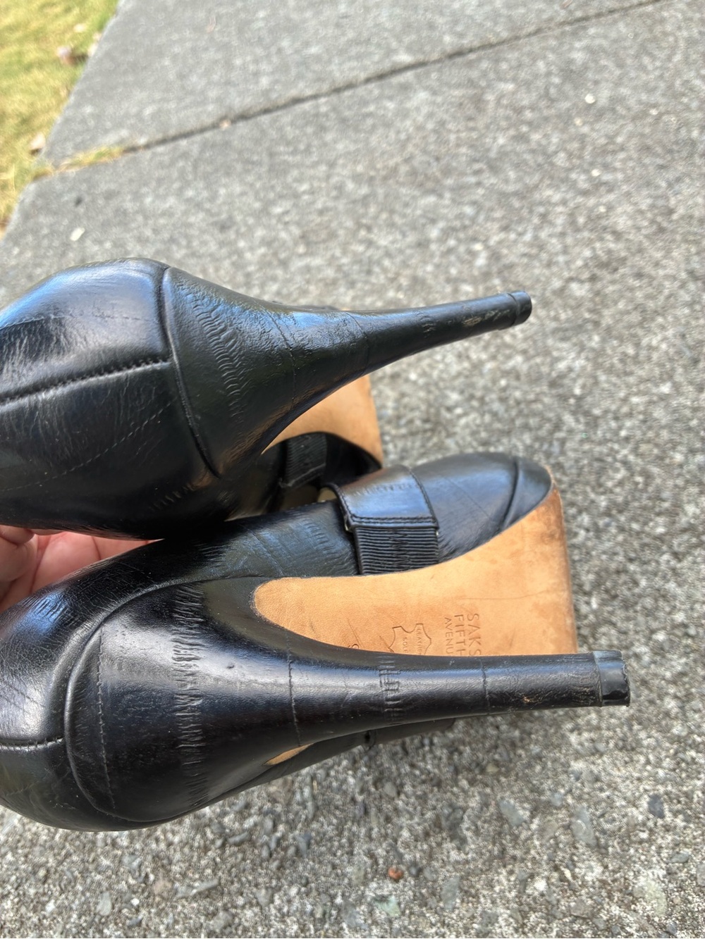 Saks Fifth Avenue Black Leather Peep-Toe Mary Jane Platform Heels - Picture 3 of 4
